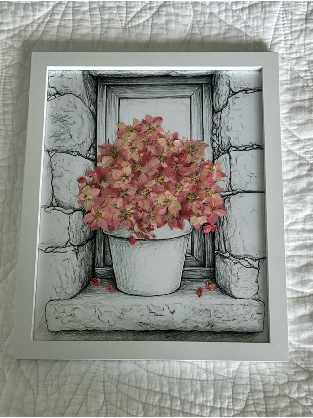 Framed Pressed Flowers Pink Hydrangea Window Pot Wall Art